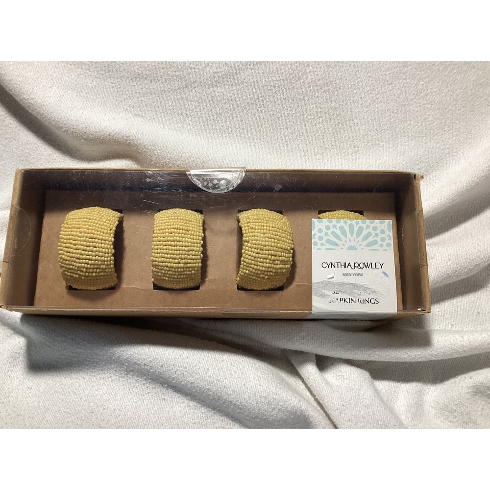 Cynthia Rowley Set of 4 Yellow Glass Beaded Napkin Rings NIB Made in India